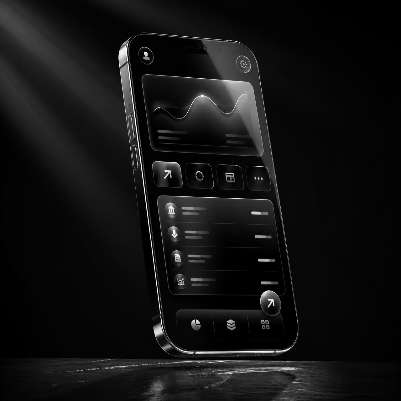 Vaulty dashboard on a floating glass phone showing balance, budgets and crypto
