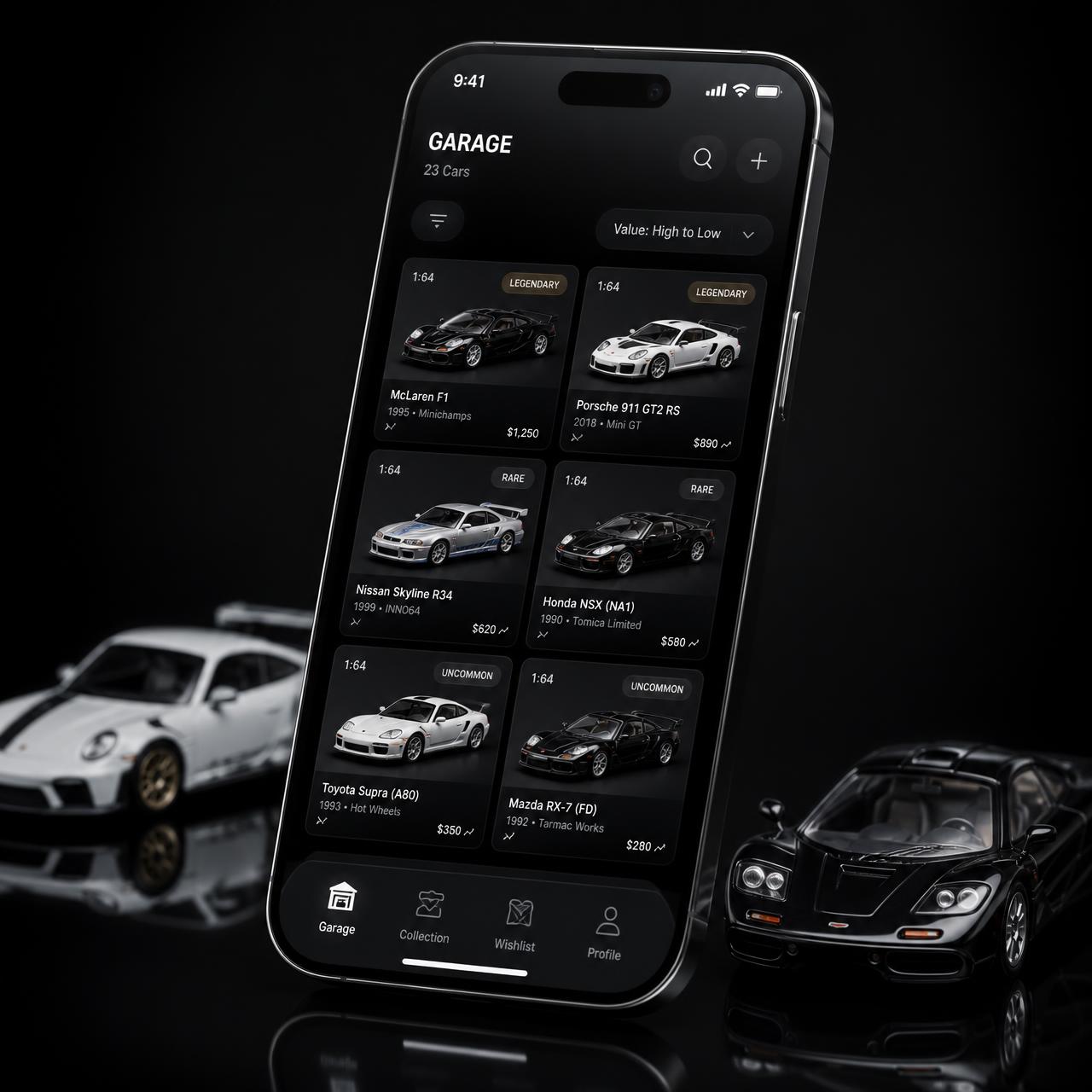 CAR FANTASY garage on a floating glass phone showing diecast models, grades and market values