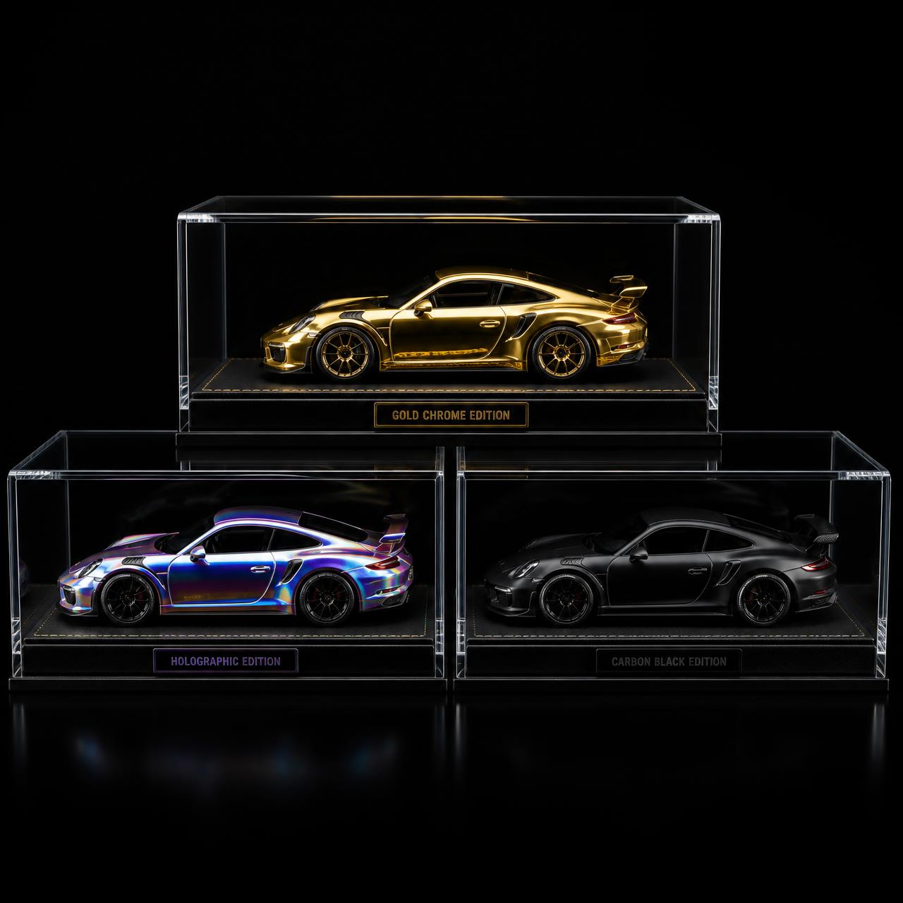 Three premium collector models in gold chrome, holographic and carbon black finishes